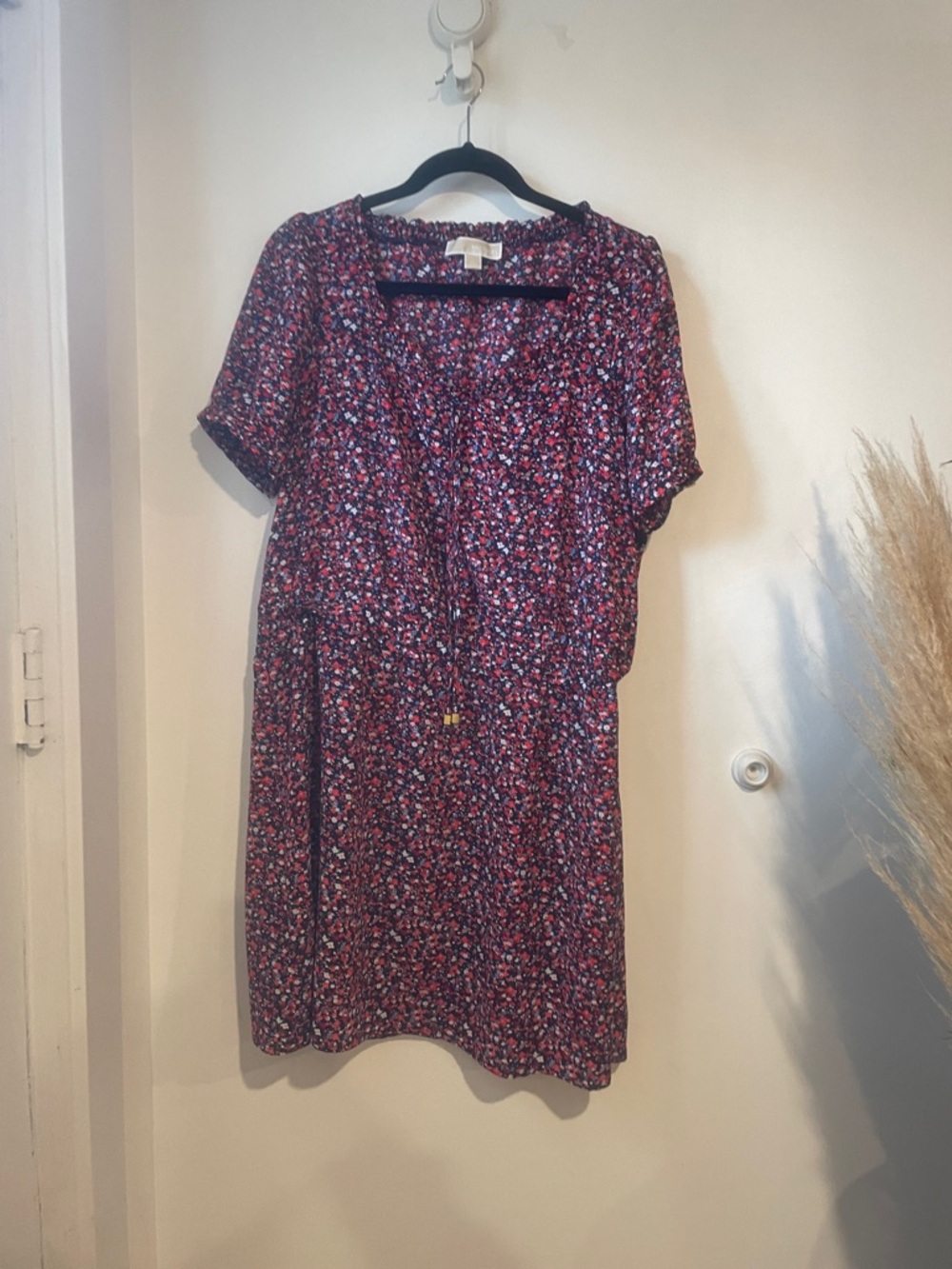 Michael Kors Navy Floral Midi Dress with Pink & White Accents
